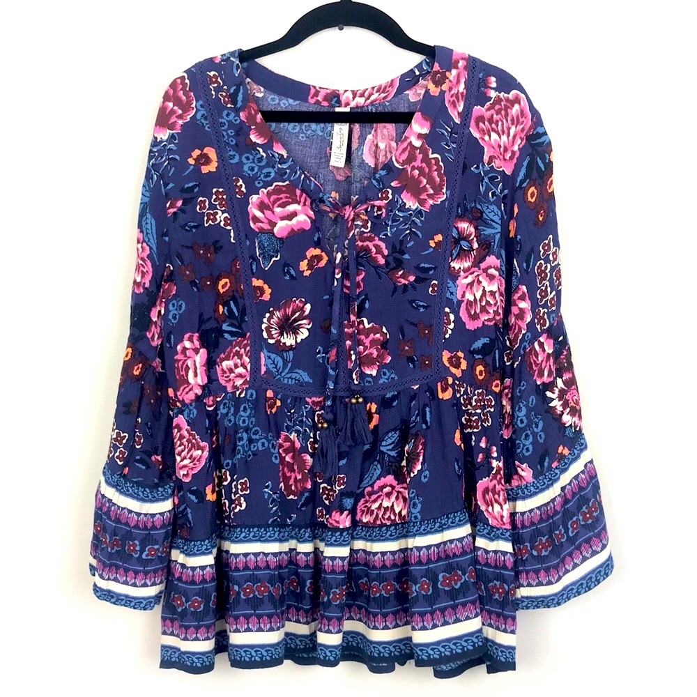 American Rag Cie || Blue Floral Tassel Tie Boho Peasant Top Size Small